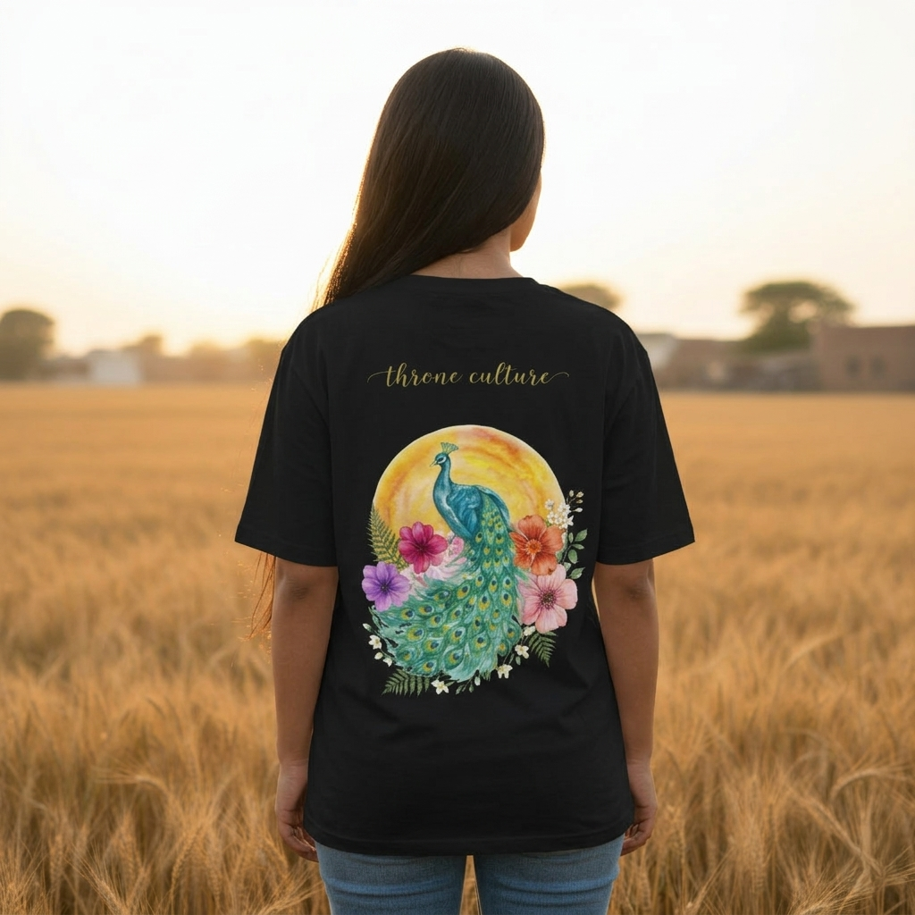 Throne Culture Peacock Graphic Oversized T-Shirt – Back Print | Premium Terry Cotton 240 GSM